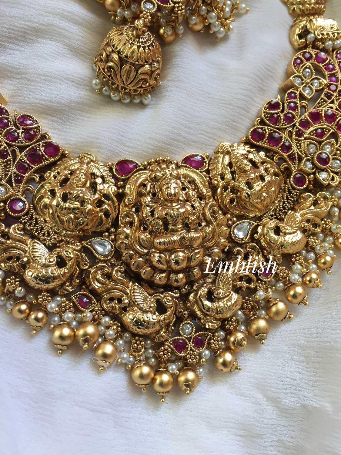 Antique Lakshmi Gold alike Peacock with Double Beads Neckpiece - Red